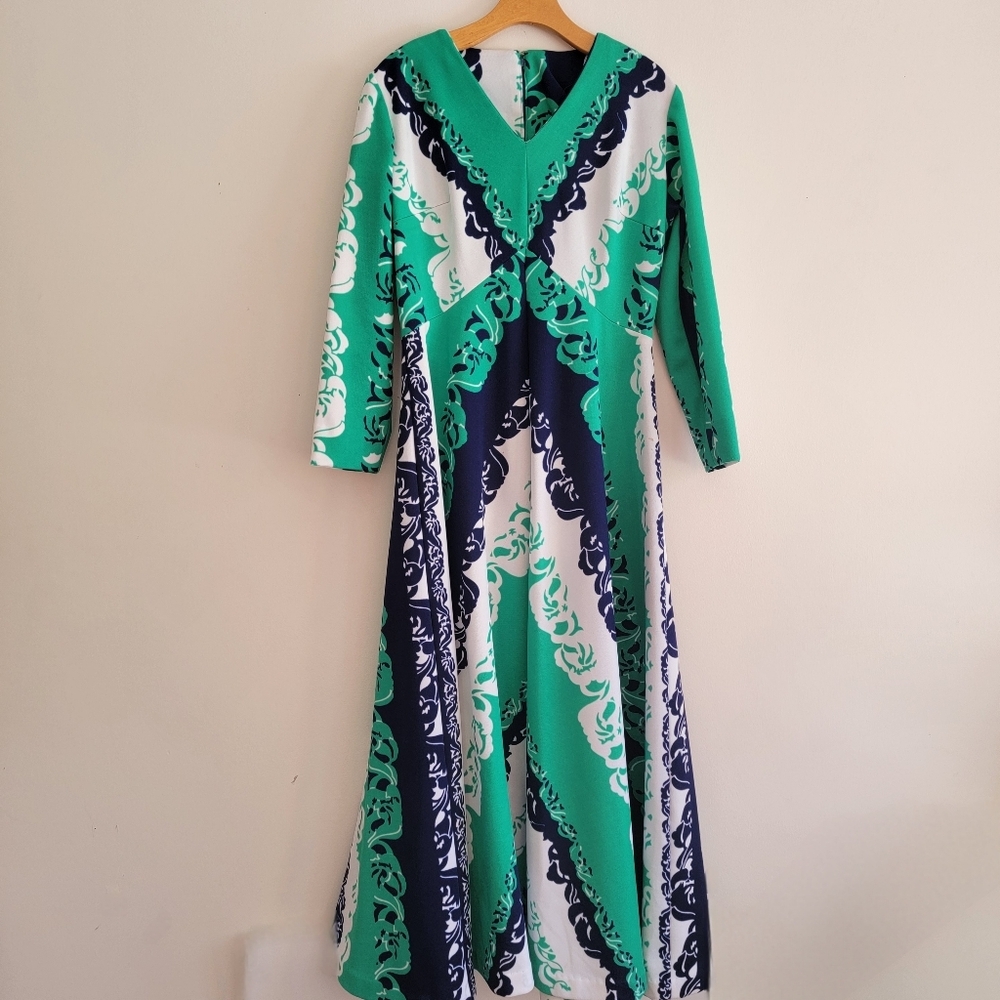 Vintage 70's Chevron Maxi Dress Geometric Green Navy White 18 Retro